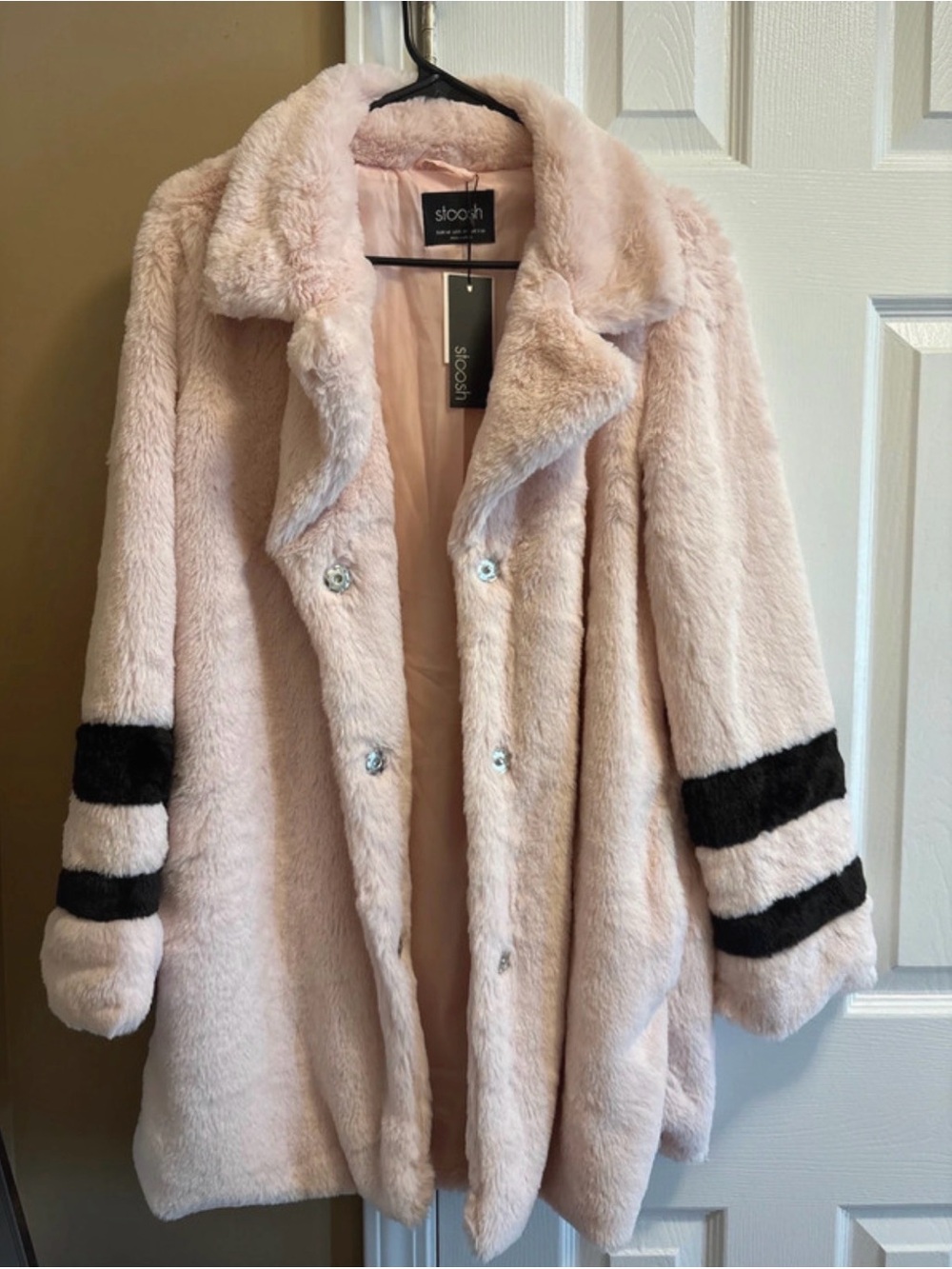 Stoosh Blush Teddy Coat with Black Sleeve Stripes